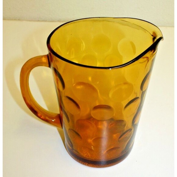 Vintage MOD MCM Amber Retro Solid Glass Water Tea Polka Dot Pitcher Rare - Picture 1 of 6